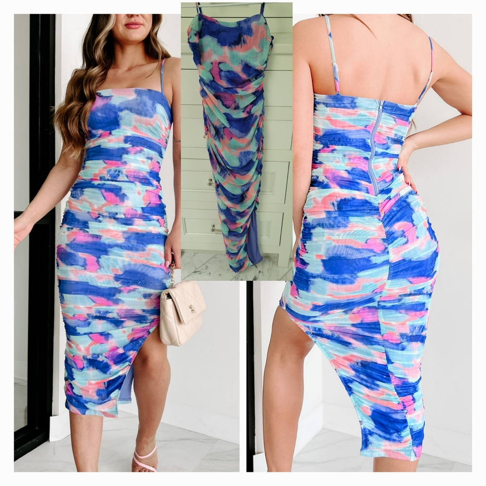 Abstract Watercolor Midi Dress with Spaghetti Straps - Blue/Pink